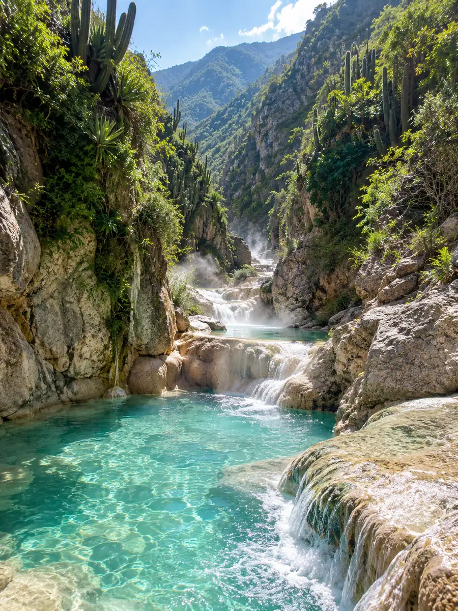 Ein warmer türkisfarbener Fluss fließt über helle Mineralfelsen zwischen grünen Canyonwänden