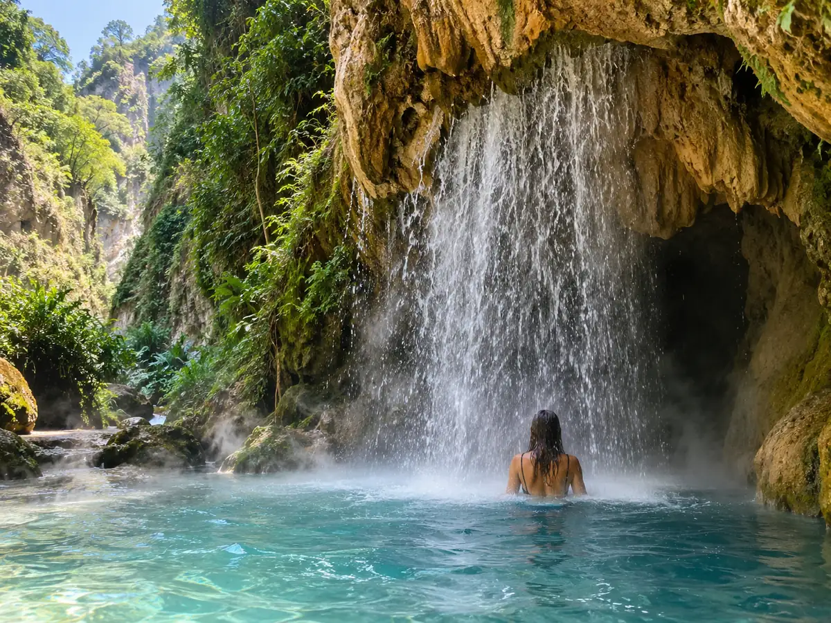 Eine Badende unter einem warmen Wasserfall, der über einen Grotteneingang in ein türkisfarbenes Becken stürzt